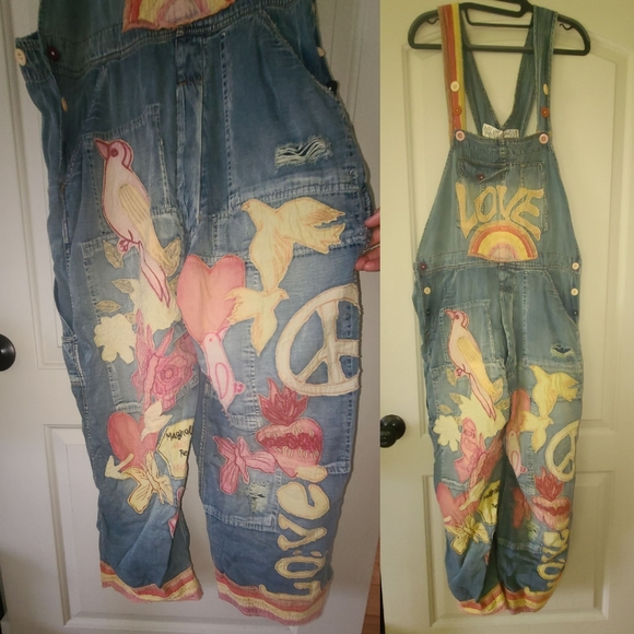 New Magnolia Pearl Love Applique Overalls Woodstock 032 Overall Denim Jeans jean - Picture 12 of 17